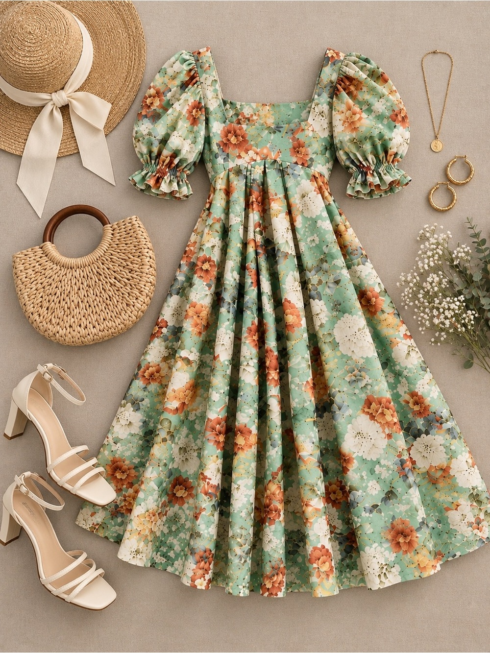 ASOS Edition Green Floral Puff Sleeve Empire Waist Midi Dress Size 4